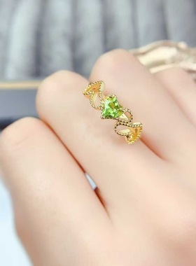 新款天然橄榄石戒指925银镶嵌绿色宝石女简约时尚饰品礼物送女友