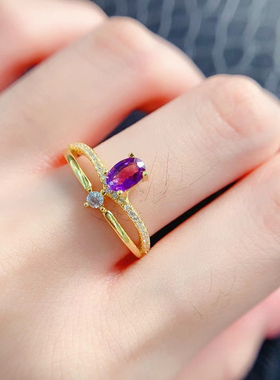 天然紫水晶戒指925银镶嵌女开口轻奢双圈个性复古高级感礼物饰品