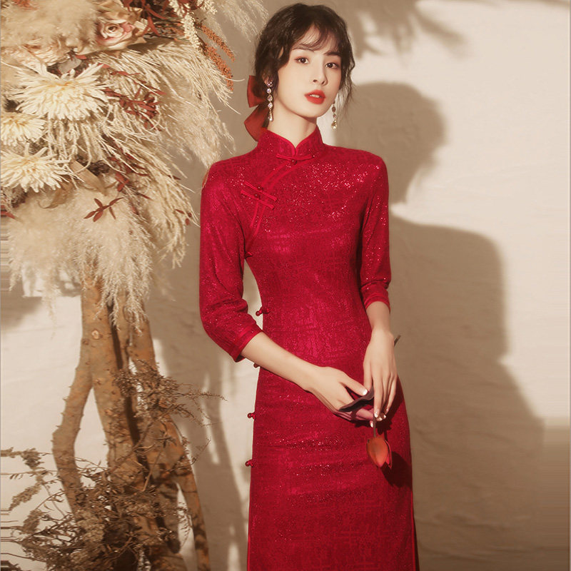 中式旗袍新娘酒红色平时可穿敬酒服 乐唯尚旗袍