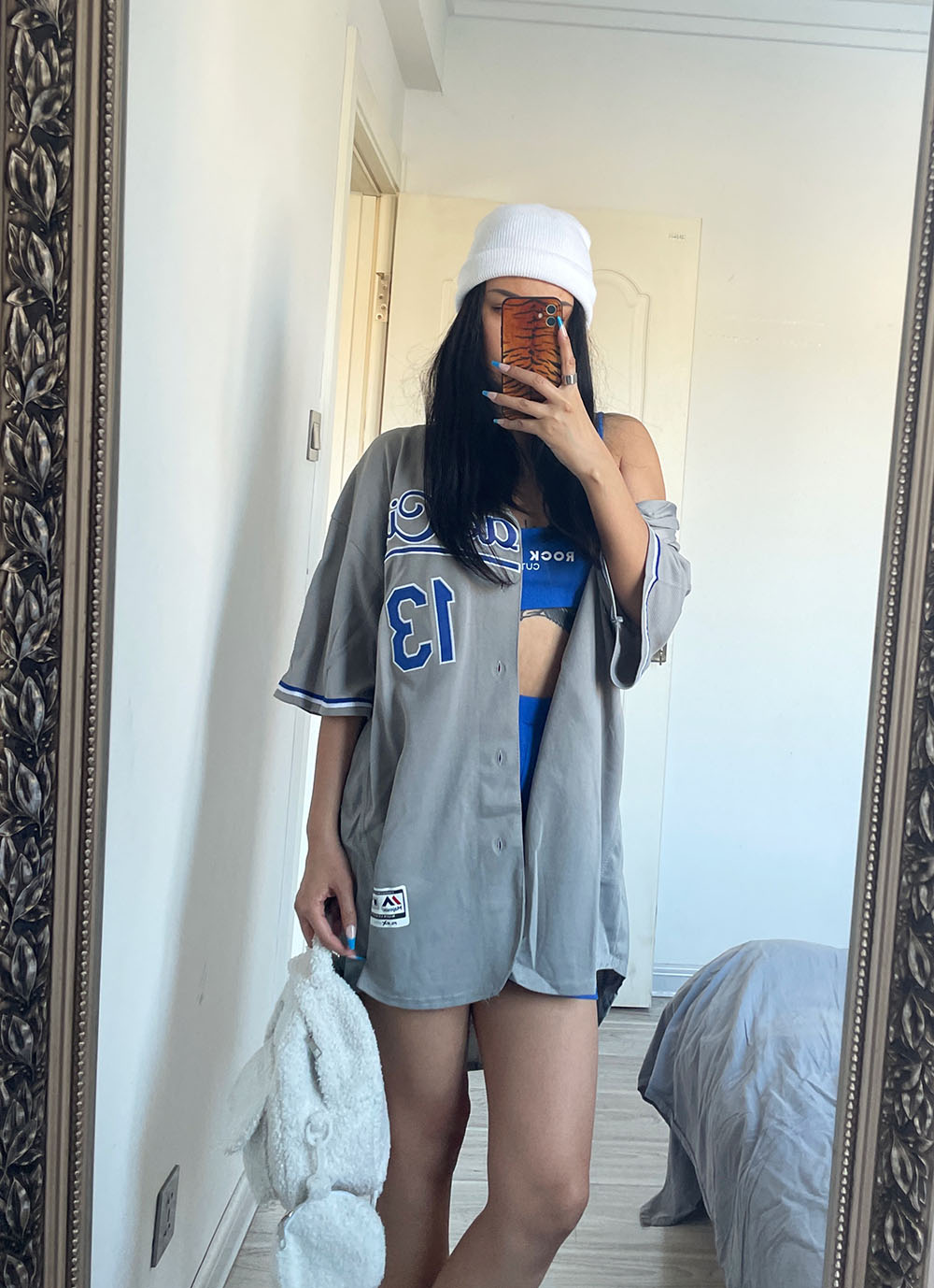 2024新款灰蓝色美式街头字母运动短袖宽松嘻哈棒球服外套HIPHOP