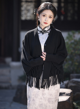 雪梦羊春秋黑色外搭外套开衫