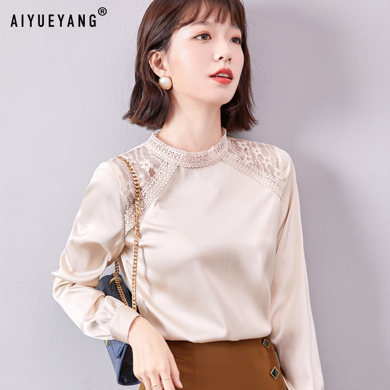 秋装2020年新款醋酸缎面长袖雪纺衫 艾悦炀蕾丝衫/雪纺衫