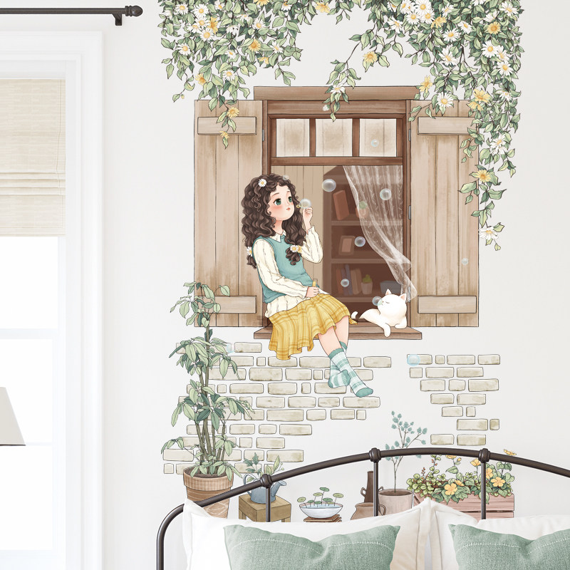 墙贴叶子窗台女孩猫咪小清新植物盆栽卧室温馨防水床头寝室装饰画,淘宝优惠券,粉丝福利购,淘宝优惠卷