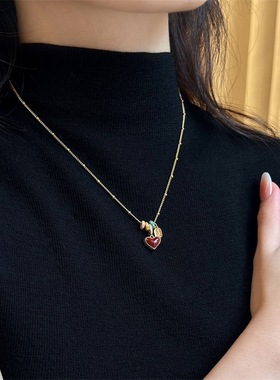 红色爱心平安吊坠彩色滴油项链女秋冬轻奢小众毛衣链长款高级感