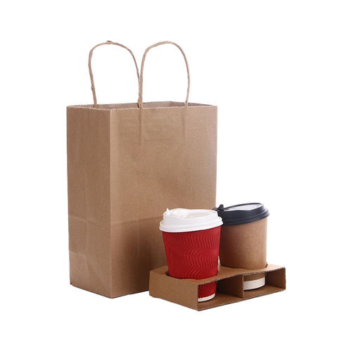 奶茶打包袋外卖单双杯咖啡牛皮手提纸袋饮品两四杯袋子带杯托定制 - 图3