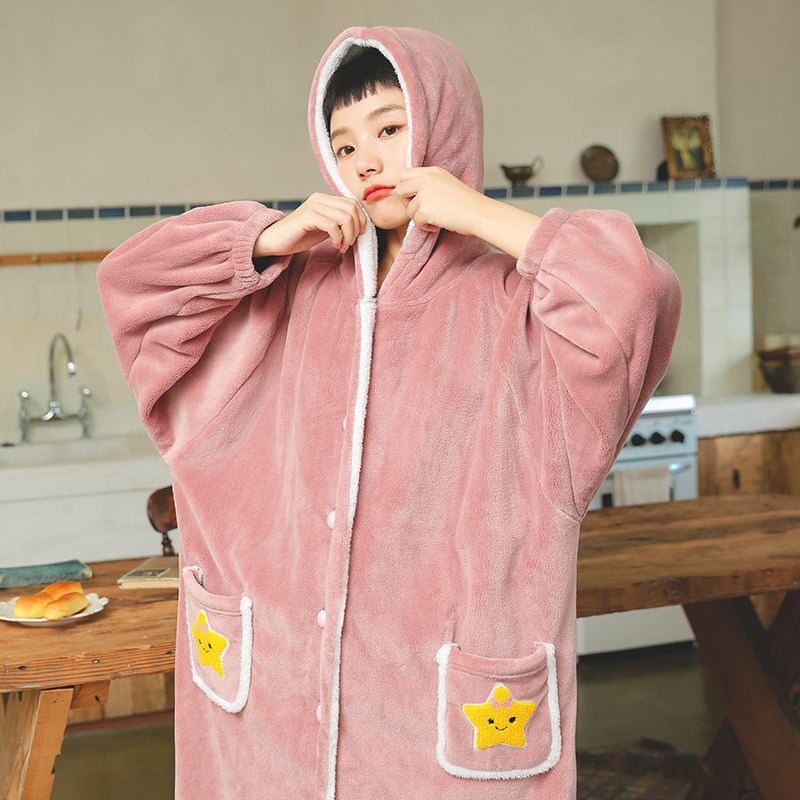 秋冬季珊瑚绒连帽可外穿睡袍 dahuahome睡衣/家居服套装