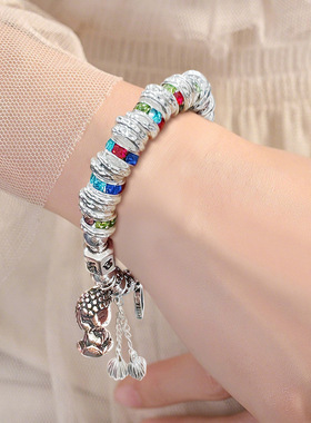 盘缠手串彩色珠宝宝佛吊坠圆珠银手链个性小众送礼物盘缠手链创意