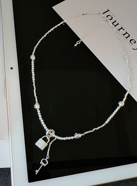 小众设计珍珠锁头银色锁骨链女