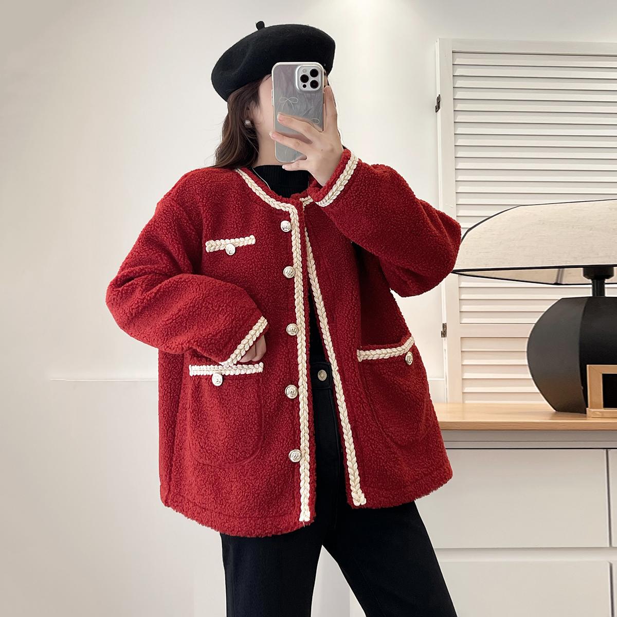 小香风外套女大码胖mm秋冬季新款厚外套羊羔毛棉服毛绒茸皮毛一体 - 图0