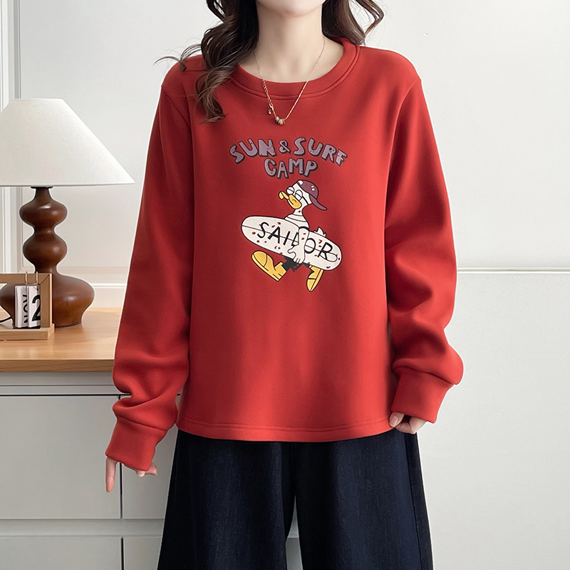 大码女冬装长袖印花洋气加绒宽松显瘦拼色百搭胖mm卫衣圆领打底衫 - 图0