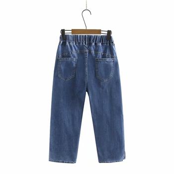 Plus size plus size women's 21 summer Korean style loose fat mm high waist slit stretch denim cropped pants 200 ປອນ