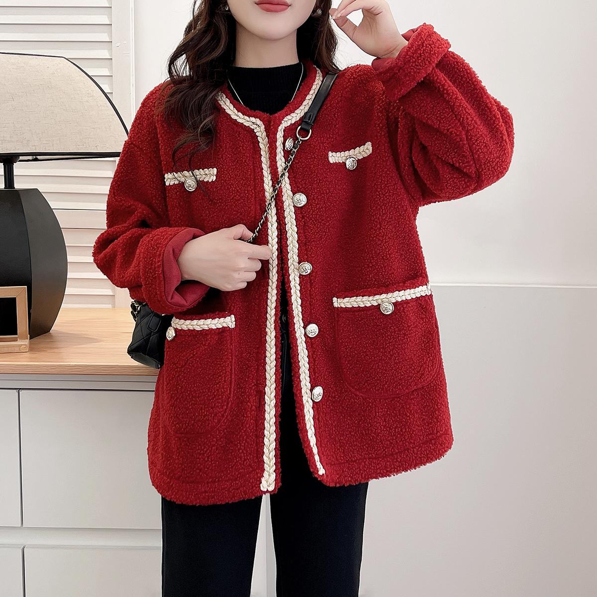 小香风外套女大码胖mm秋冬季新款厚外套羊羔毛棉服毛绒茸皮毛一体 - 图2