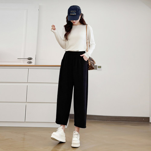 大码胖MM春夏季新款宽松八分萝卜裤女200斤松紧高腰纯色哈伦裤子 - 图0