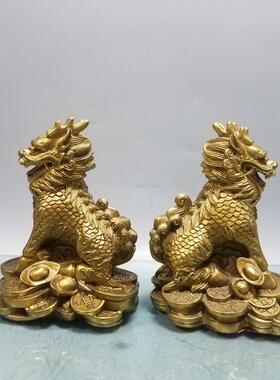 铜神兽坐麒麟一对元宝招财摆件