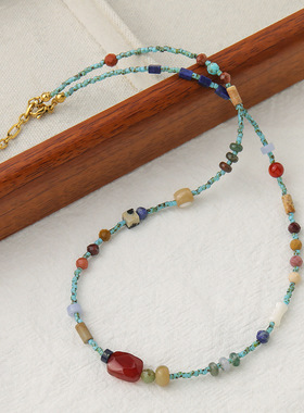 新中式绿松石红玛瑙串珠项链女轻奢高级感复古民族风蓝色锁骨链