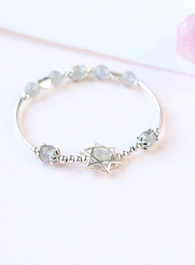 天然灰月光水晶手链女六芒星手镯小众原创百搭简约个性好运手串
