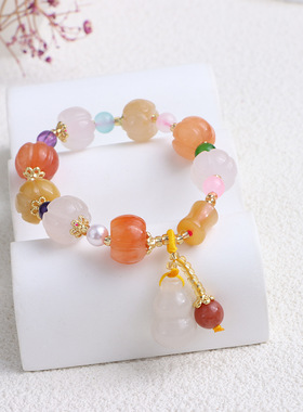 天然新疆金丝玉串珠手链情侣款民族风南瓜珠竹节吊葫芦黄玉手串女