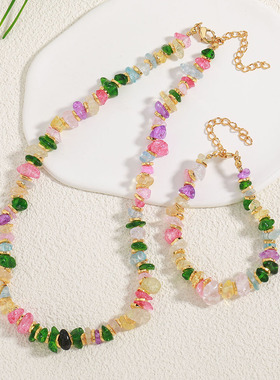 原创设计不规则彩色碎石手链日韩甜美波西米亚天然石串珠闺蜜项链