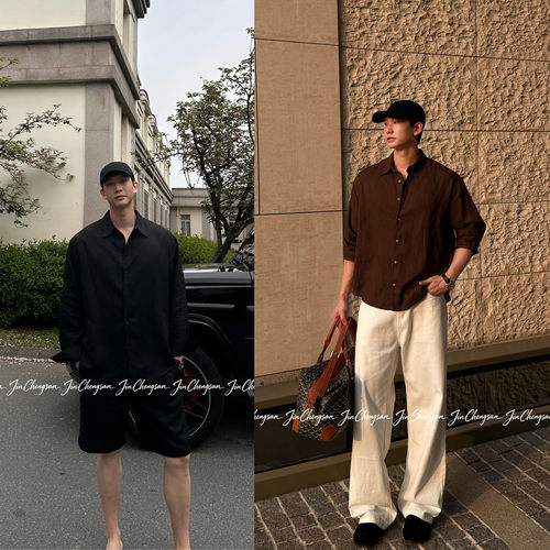 GGG金乘三 夏季松弛感老钱风休闲宽松男士亚麻衬衫套装 - 图2