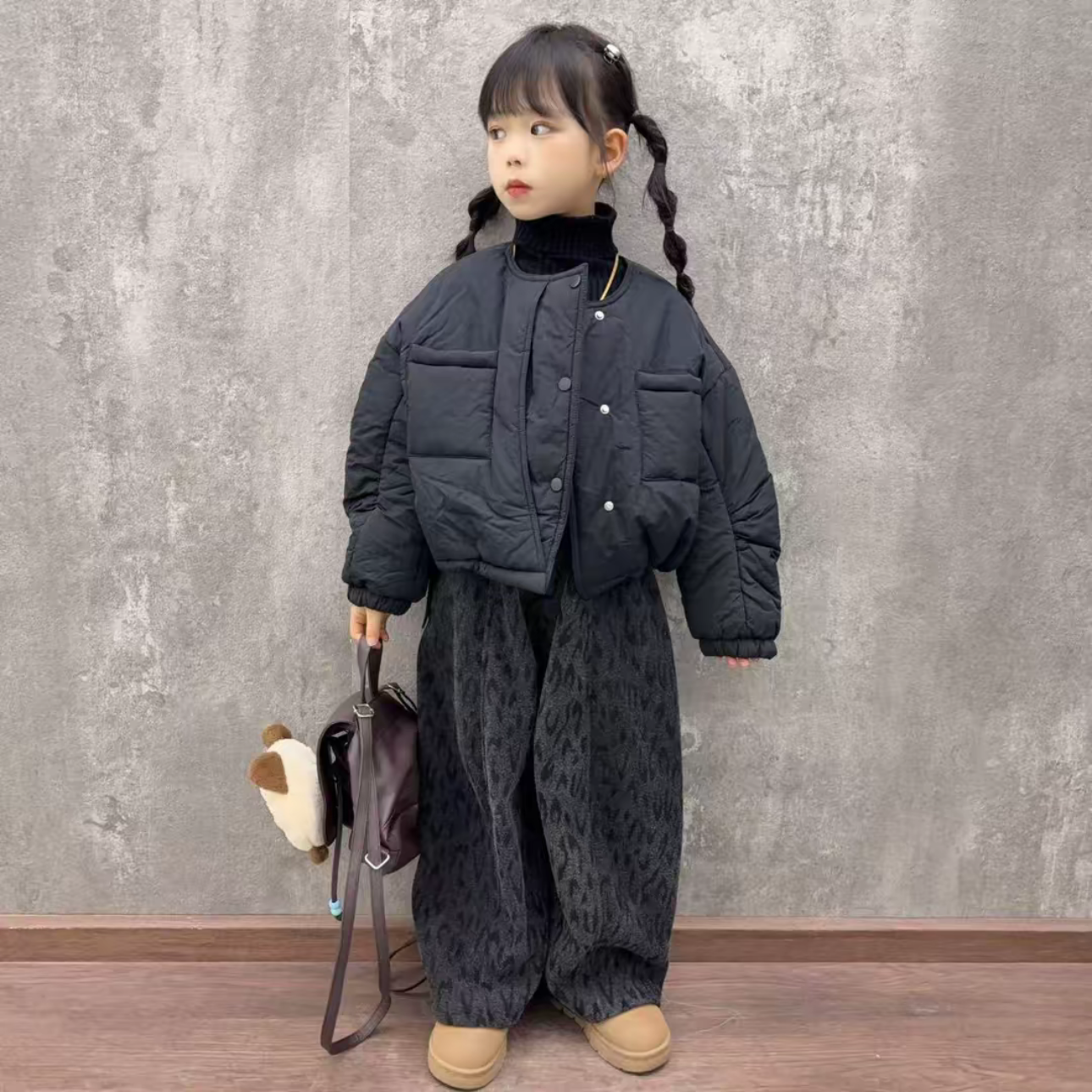 潮酷女童韩范短款圆领面包棉服外套加绒豹纹裤时尚百搭超洋气套装,淘宝优惠券,粉丝福利购,淘宝优惠卷