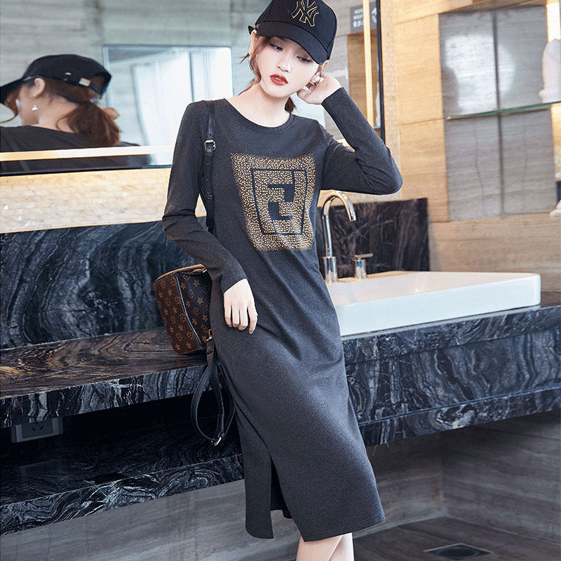 2020新款秋装休闲女长袖烫钻连衣裙 阿伊恋连衣裙