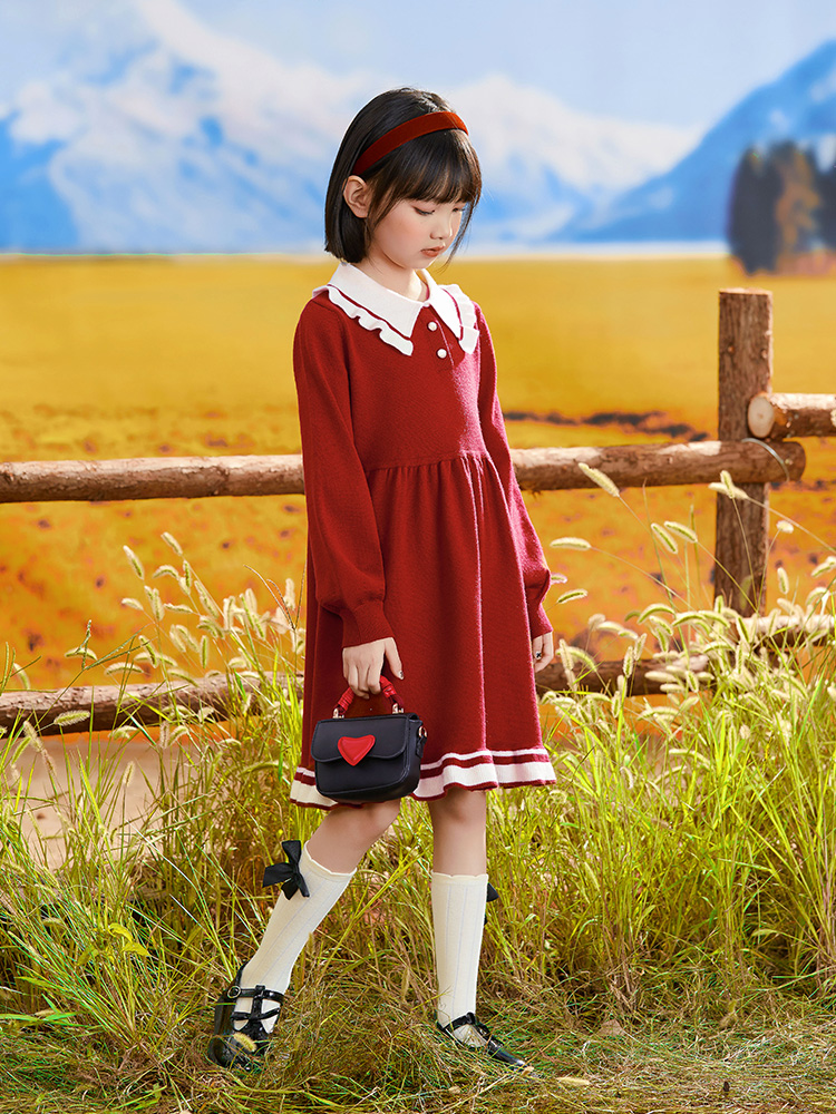 女童生日连衣裙秋季儿童洋气长袖公主裙小女孩红色度假针织裙子