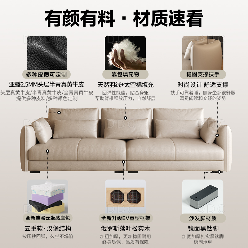 DDC现代极简直排真皮沙发客厅意式小户型贵妃位头层牛皮沙发佛山 - 图1