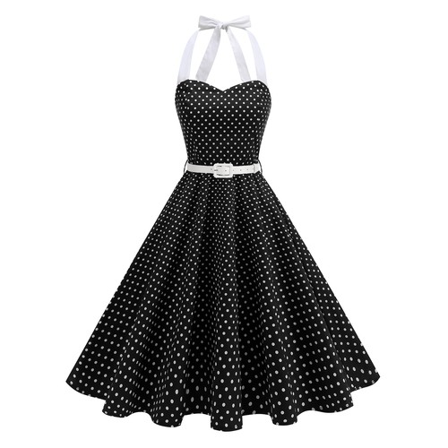 法式女神复古波点性感80年代派对表演写真度假挂脖显瘦大摆连衣裙 - 图3