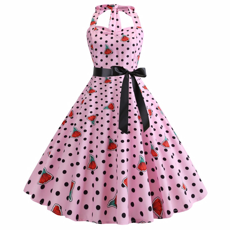 赫本风复古气质50年代少女感挂脖印花收腰显瘦大摆度假性感连衣裙,淘宝优惠券,粉丝福利购,淘宝优惠卷