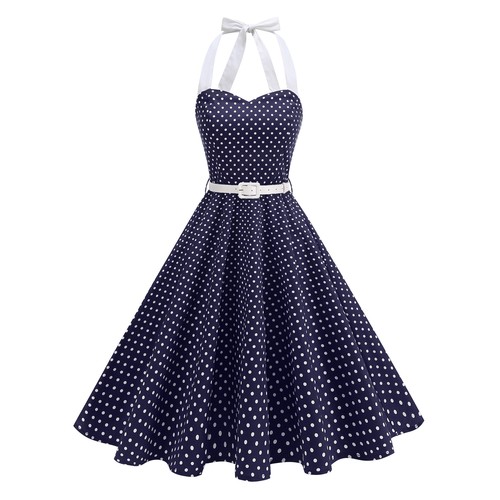 法式女神复古波点性感80年代派对表演写真度假挂脖显瘦大摆连衣裙 - 图2