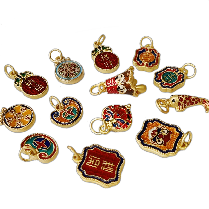 SJ39沙金滴油老虎如意锁锦鲤铃铛烧蓝吊坠编织手绳DIY挂配件 铜镀,淘宝优惠券,粉丝福利购,淘宝优惠卷