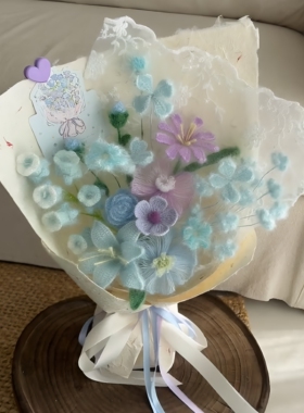 成品手工编织猫毛毛线花束奶呼呼毛绒花仿真花创意花艺送男女友礼