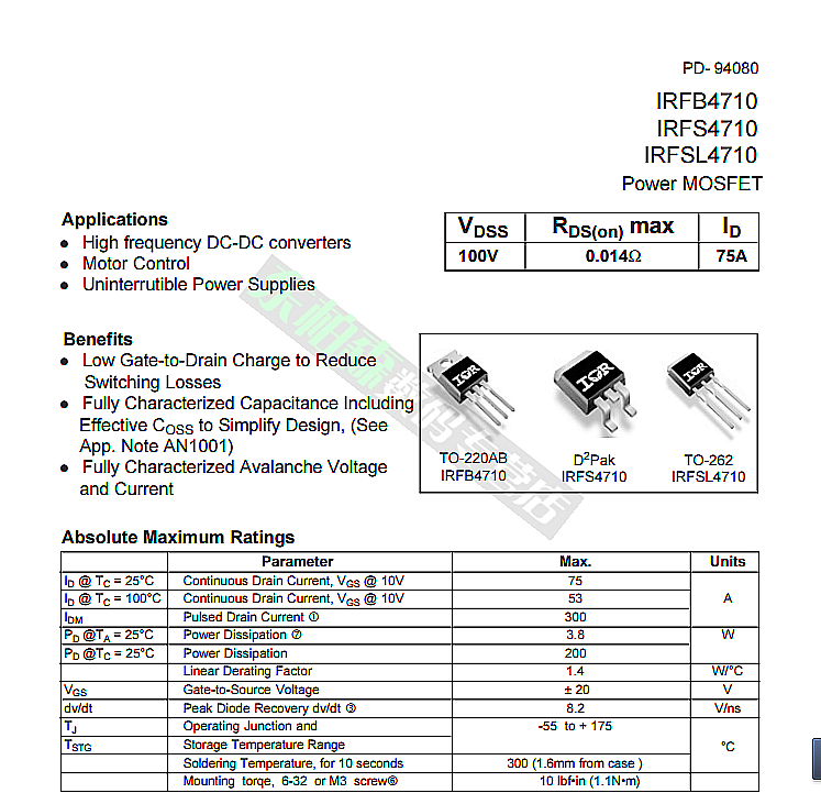 IRFB4710PBF 场效应管 100V/75A三极管TO220 FB4710 全新现货 - 图3