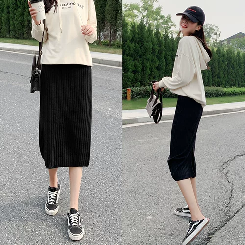 Трикотажная демисезонная приталенная черная цветная длинная юбка, 2021 года, высокая талия, с акцентом на бедрах