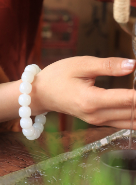 新疆和田玉羊脂白玉老型珠手串男女款白玉手链玉石圆珠手串12.5mm