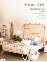 Nordic Vines Wood Bed Real Rattan Bed Modern Minimalist Double Bed 1 8 m Small-family-type Minjuku Wedding Wedding Bed with a large bed