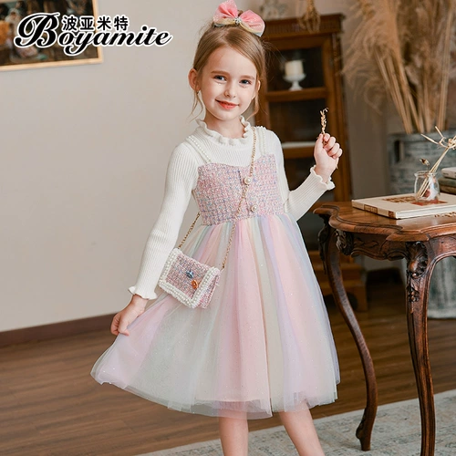 Демисезонный наряд маленькой принцессы, трикотажная детская радужная юбка на девочку, шерстяное платье, коллекция 2021, в западном стиле, в стиле Шанель