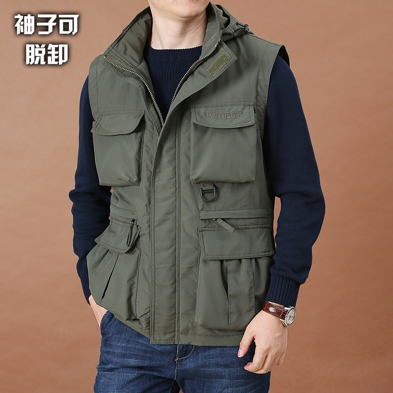 可脱卸袖棉衣男装大码外套男士冬季保暖多袋工装棉袄冲锋棉服男潮