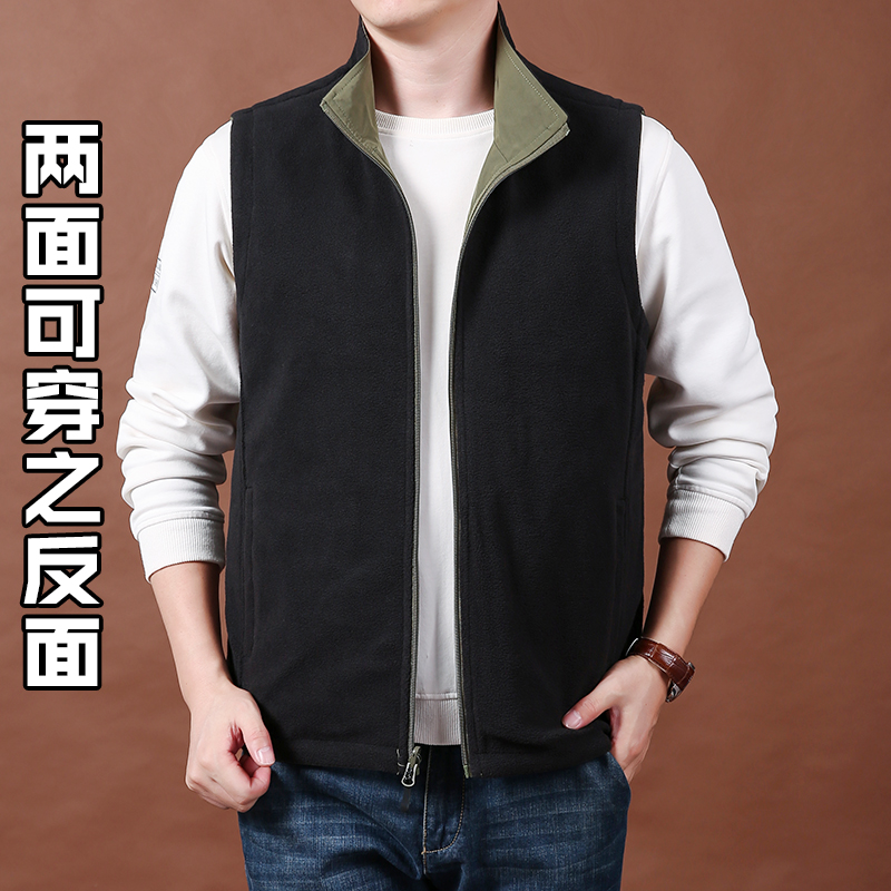 冬季两面穿宽松马甲男多袋工装户外穿钓鱼摄影加绒背心秋冬男外套 - 图0