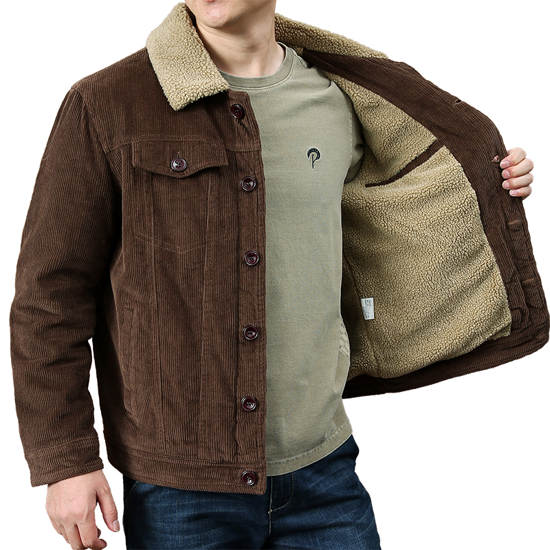 灯芯绒男士外套秋冬季新款加绒加厚翻领棉衣男装休闲上衣保暖夹克
