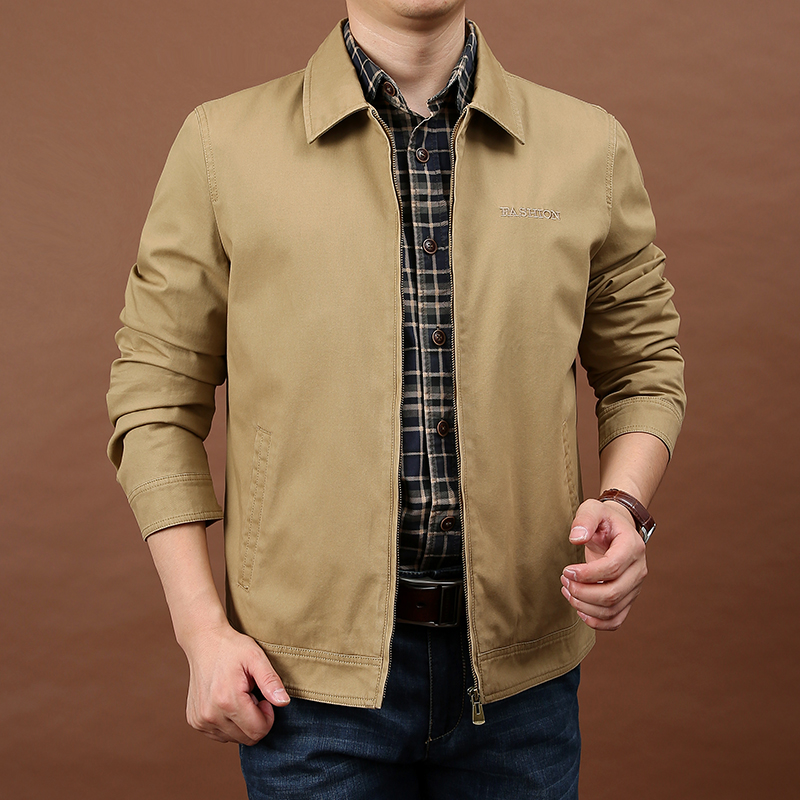 春季时尚舒适休闲纯棉外套男翻领夹克衫男胖子大码宽松上衣褂子潮