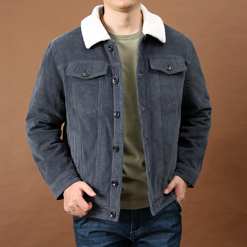 灯芯绒男士外套秋冬季新款加绒加厚翻领棉衣男装休闲上衣保暖夹克