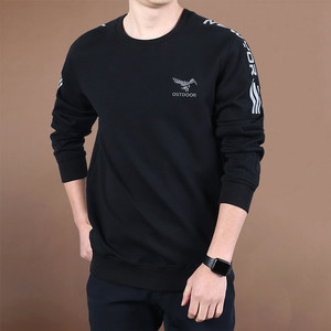 吉普盾男装宽松长袖T恤男春季时尚运动百搭圆领印花纯色体恤衫潮