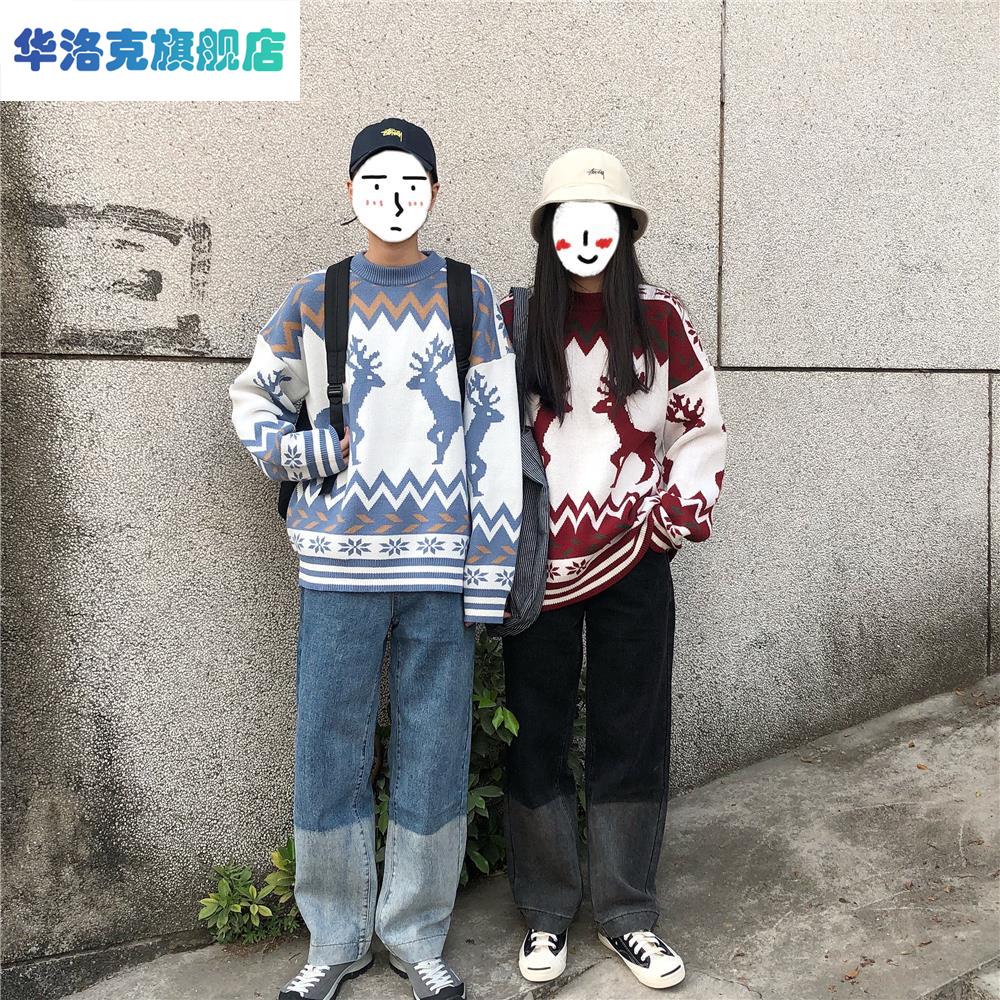 圣诞小鹿毛衣情侣装慵懒风秋冬款韩版宽松针织衫男女潮流ins卫生-图0