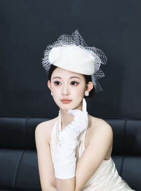 复古网纱花朵毛呢新娘帽礼帽