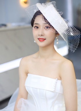法式新娘白色网纱影楼写真大礼帽