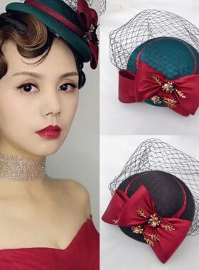 欧美复古墨绿色小礼帽婚纱礼服