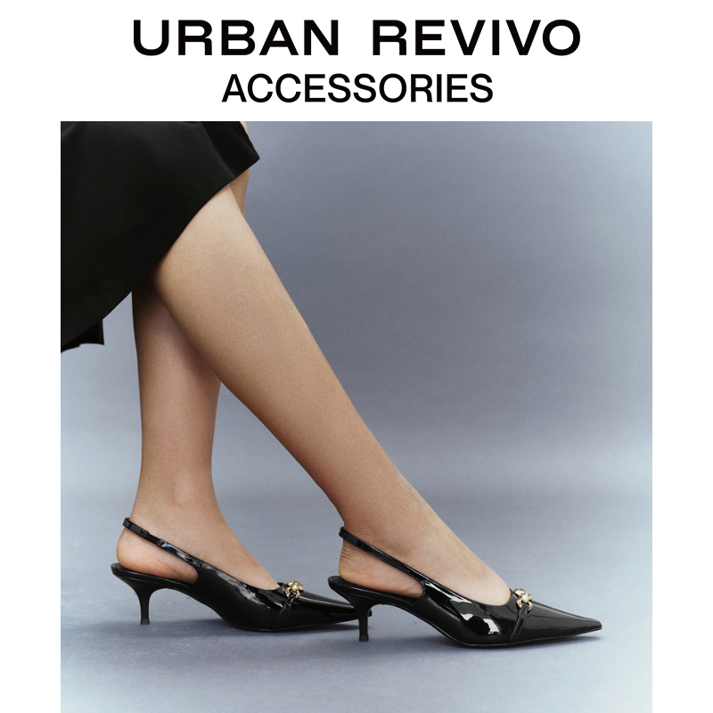 URBAN REVIVO2024春季新款女士摩登小猫跟尖头空鞋UAWS40046 - 图0