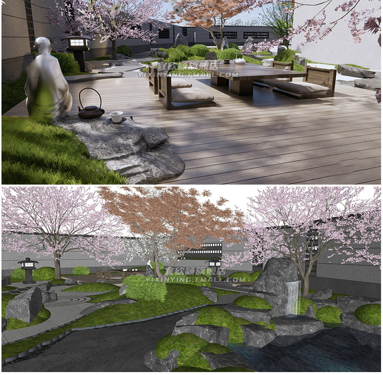 禅意新中式日式民宿会所茶室庭院樱花枯山水景观草图大师SU模型库_虎窝淘