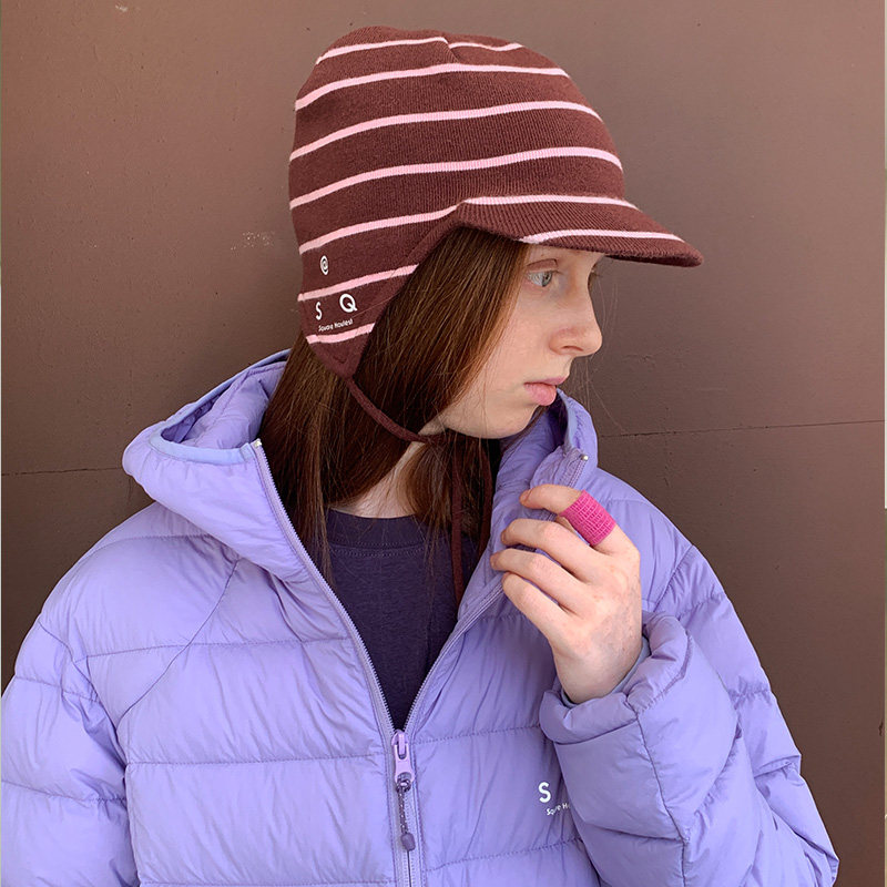 Square houlest stripe contrasting color warm ear protection strap short brim Lei Feng hat knitted hat peaked hat for men and women